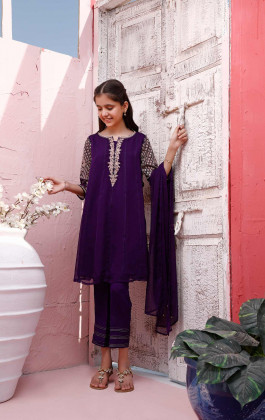 Purple 3PCs Chiffon Embroidered