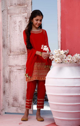 Red 3PCs Chiffon Embroidered