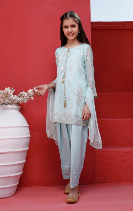 Aqua 3PCs Chiffon Embroidered