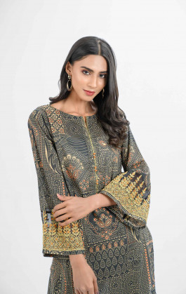 Orange with Black Lawn Embroidered Kurti