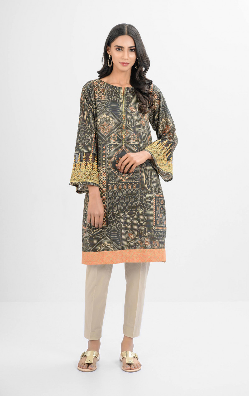 Orange with Black Lawn Embroidered Kurti