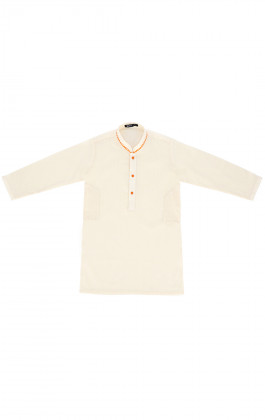Off White Self Jacquard Embroidered Boys Kurta