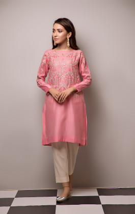 Pink Cotton Net Semi Formal Kurti