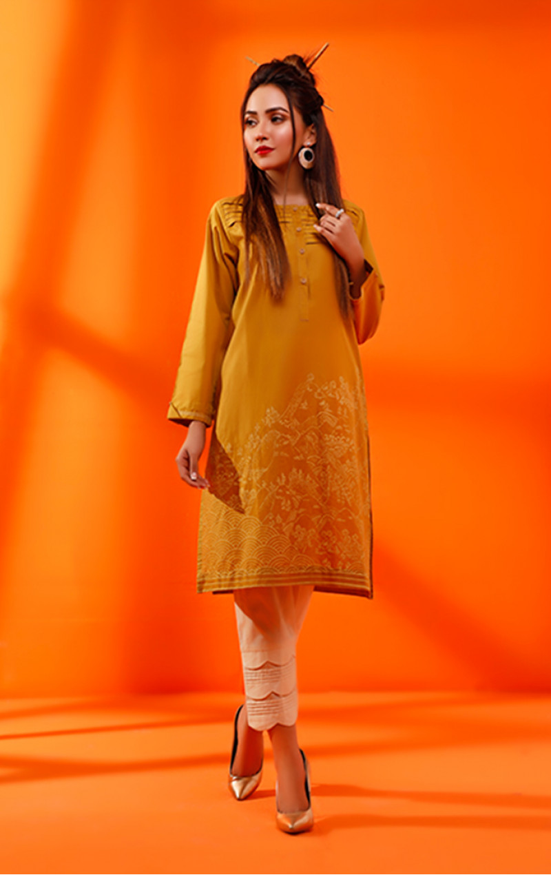 Mustard Screen Printed Kurti