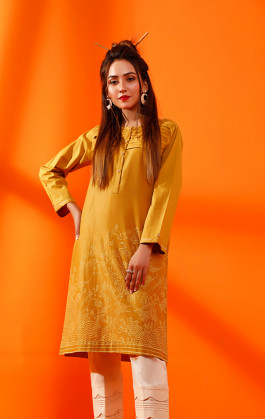 Mustard Screen Printed Kurti